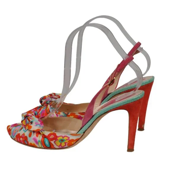 Rene Caovilla Womens Floral Fabric Slingback Pump US 7 EU 37 Pink Yellow Blue